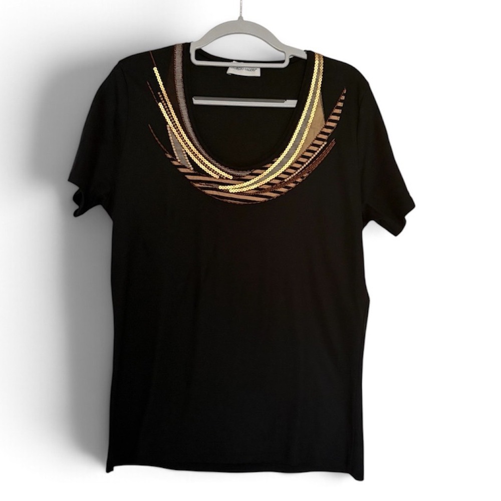 Giorgio Valeri Italy Black Filoscozia Cotton Sequin Embellished Scoop Neck Top M